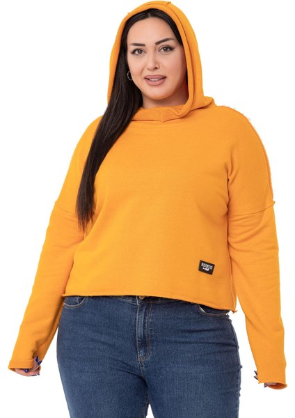 Büyük Beden Kapüşonlu Düşük Kollu Pis Dikişli Üç Iplik Hardal Sweatshirt