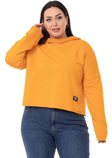 Büyük Beden Kapüşonlu Düşük Kollu Pis Dikişli Üç Iplik Hardal Sweatshirt