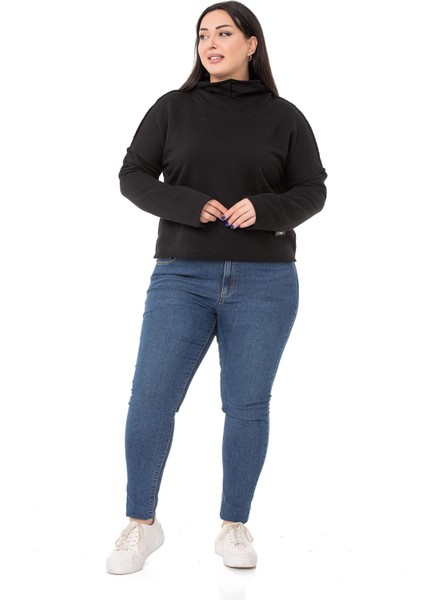 Büyük Beden Kapüşonlu Düşük Kollu Pis Dikişli Üç Iplik Siyah Sweatshirt fiyatları