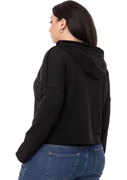 Büyük Beden Kapüşonlu Düşük Kollu Pis Dikişli Üç Iplik Siyah Sweatshirt modelleri