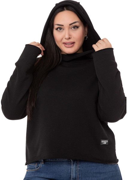 Büyük Beden Kapüşonlu Düşük Kollu Pis Dikişli Üç Iplik Siyah Sweatshirt fırsatları