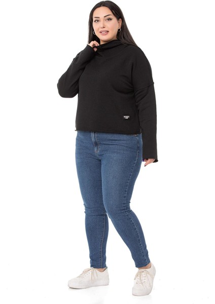 Büyük Beden Kapüşonlu Düşük Kollu Pis Dikişli Üç Iplik Siyah Sweatshirt indirimleri