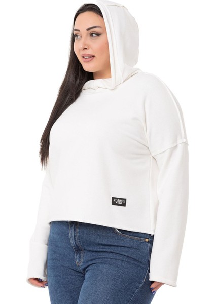 Büyük Beden Kapüşonlu Düşük Kollu Pis Dikişli Üç Iplik Beyaz Sweatshirt fırsatları