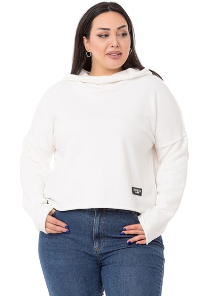 Büyük Beden Kapüşonlu Düşük Kollu Pis Dikişli Üç Iplik Beyaz Sweatshirt indirimleri