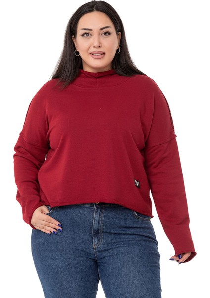 Büyük Beden Kapüşonlu Düşük Kollu Pis Dikişli Üç Iplik Bordo Sweatshirt indirimleri