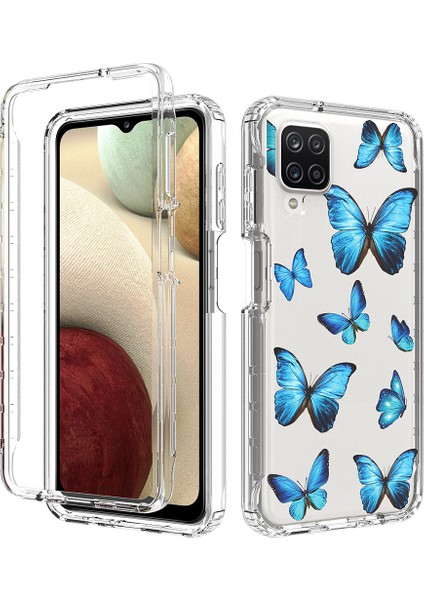 Samsung Galaxy A12, Pc Frame+Tpu Kapağı 2'si 1 Arada Desen Baskı Net Telefon Kasası Mavisi Kelebek (Yurt Dışından)