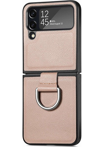 Samsung Galaxy Z Flip4 Için 5g Anti-Drop Pu Deri Deri Telefon Kılıf Yüzük Tasarımı Koruyucu Anti Koruyucu Telefon Kapak Bej (Yurt Dışından)