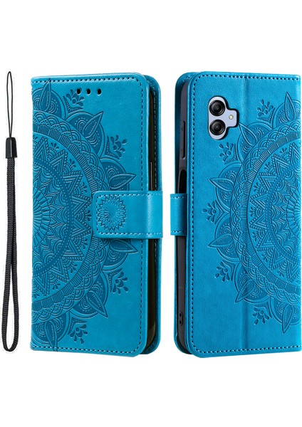 Samsung Galaxy A04E Için 4G/F04 4G/M04 4g Baskılı Mandala Çiçek Cüzdan Kılıfı Pu Deri Deri Manyetik Flip Stand Telefon Kapağı Strap-Blue (Yurt Dışından)