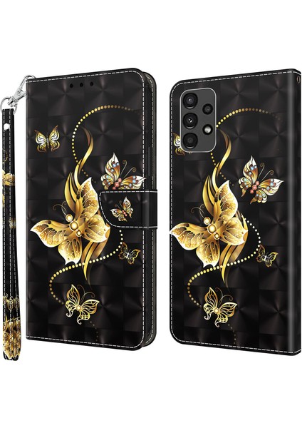 Samsung Galaxy A13 Için 4G/5G/A04S 4g (164.7 x 76.7 x 9.1 Mm) Pu Deri Flip Case 3D Yaratıcı Desen Baskı Tasarımı Stand Stand Cüzdan Golden Kelebekler ile Manyetik Kapak (Yurt Dışından)