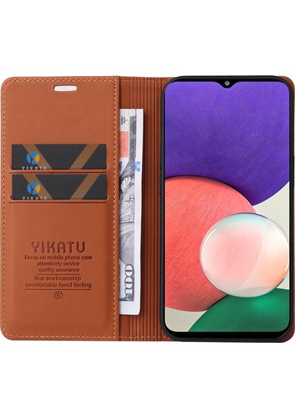 Samsung Galaxy A22 5g (Ab Versiyonu) Manyetik Kapatma Pu Deri Telefon Kapağı Stand-Brown Için Yikatu Telefon Flip Cüzdan Kılıfı (Yurt Dışından)