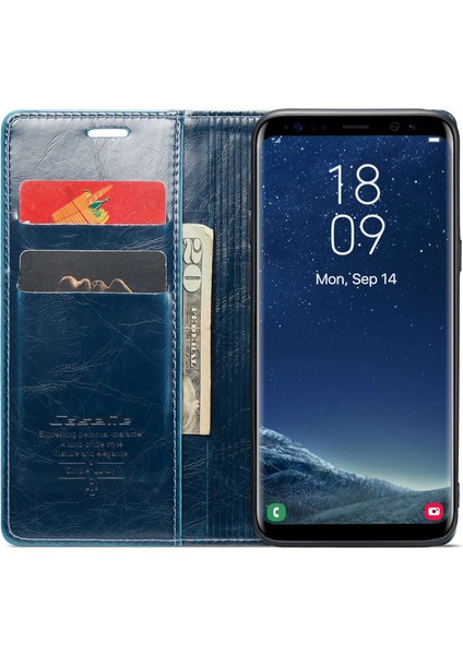 Samsung Galaxy S8+ Waxy Doku Stand Kılıfı Tam Koruma Pu Deri Telefon Cüzdan Kapak Blue (Yurt Dışından)