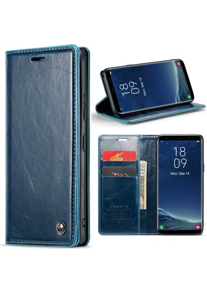 Samsung Galaxy S8+ Waxy Doku Stand Kılıfı Tam Koruma Pu Deri Telefon Cüzdan Kapak Blue (Yurt Dışından)