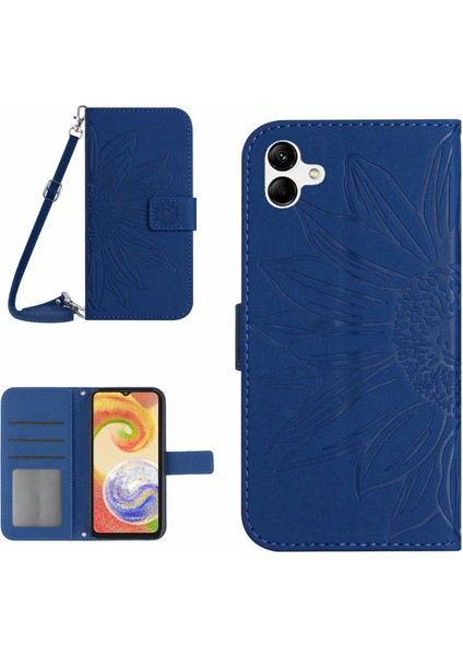 Samsung Galaxy A04 4g (164.4 x 76.3 x 9.1 Mm) Için Pu Deri Stand Telefon Kılıfı HT04 Cilt Touch Baskılı Ayçiçeği Telefon Cüzdan Kapağı Omuz Kayışı Sapfirli (Yurt Dışından)