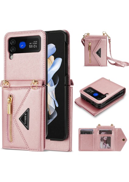 Samsung Galaxy Z Flip3 5g Için N.bekus Pu Deri Kaplamalı Pc Kılıfı, Damla Kanıtı Kart Yuvaları Tutucu Fermuar Cep Koruyucu Arka Kapak Omuz Kayışı Pembe (Yurt Dışından)