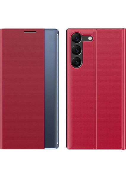 Samsung Galaxy S23 Için+ Yan Görünüm Penceresi Telefon Kabası Katlanabilir Stand Pu Deri Koruyucu Kapak Kırmızısı (Yurt Dışından)