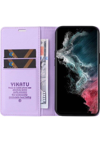 Samsung Galaxy S22 Ultra 5g Pu Deri Kapak Stand Stand Gizli Manyetik Adsorpsiyon Şok Geçirmez Flip Cüzdan Kasa Işık Mor (Yurt Dışından)