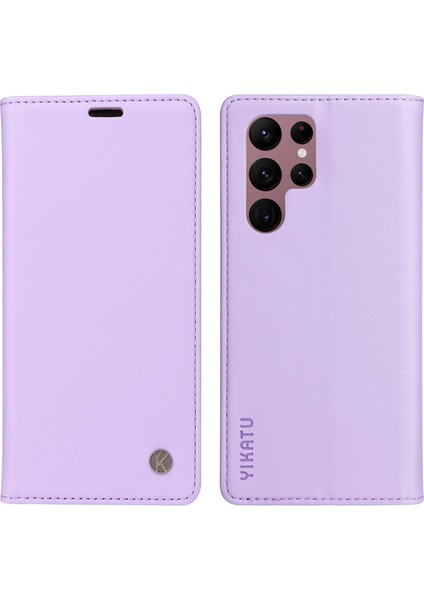 Samsung Galaxy S22 Ultra 5g Pu Deri Kapak Stand Stand Gizli Manyetik Adsorpsiyon Şok Geçirmez Flip Cüzdan Kasa Işık Mor (Yurt Dışından)