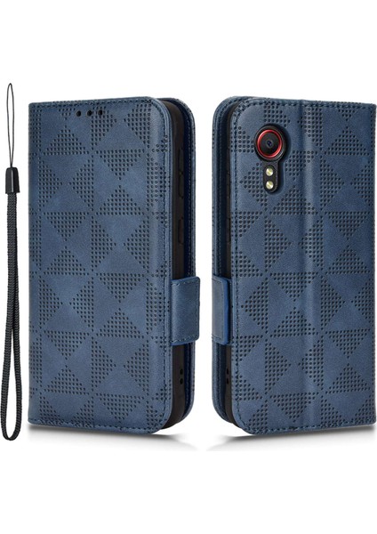 Samsung Galaxy Xcover Için 5 Üçgen Desen Baskılı Telefon Kılıfı Stand Pu Deri Deri Şok Geçirmez Telefon Kapağı Strap-Mavi ile (Yurt Dışından)