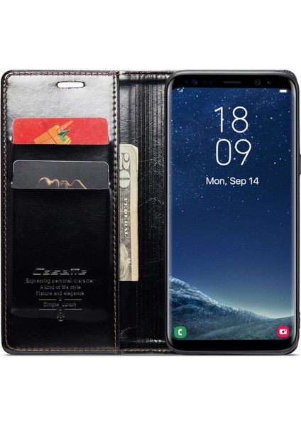 Samsung Galaxy S8+ Waxy Doku Stand Kılıfı Tam Koruma Pu Deri Telefon Cüzdan Kapak Black (Yurt Dışından)