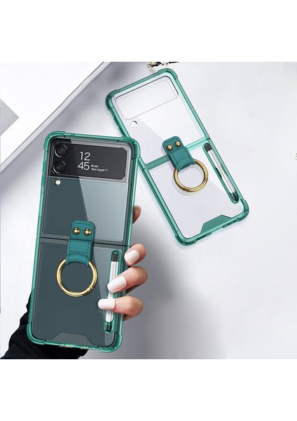 Samsung Galaxy Z Flip4 Için Gkk 5g Parmak Yüzüğü Tasarımı Hava Yastığı Anti-Fall Tpu, Stylus Kalem-Şeffaf Yeşil ile Şeffaf Telefon Kasası (Yurt Dışından)