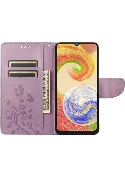Samsung Galaxy A04 4g (164.4 x 76.3 x 9.1 Mm) Için Şok Geçirmez Pu Deri Kasa, Cüzdan Standı Çiçek Kelebekleri Folio Flip Telefon Kapağı Kayış Işığı Mor ile (Yurt Dışından)
