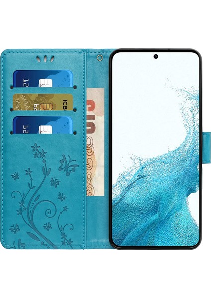 Samsung Galaxy S23+ Pu Deri Stand Cüzdan Kılıfı Çiçek Kelebekleri Baskı Manyetik Talkalı Telefon Kapak Mavisi (Yurt Dışından)