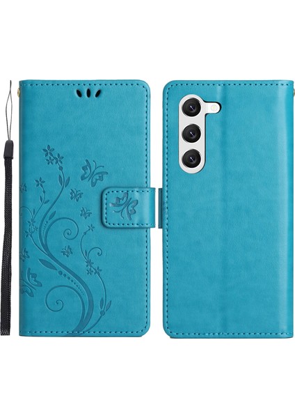 Samsung Galaxy S23+ Pu Deri Stand Cüzdan Kılıfı Çiçek Kelebekleri Baskı Manyetik Talkalı Telefon Kapak Mavisi (Yurt Dışından)