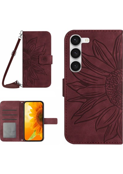 Samsung Galaxy S23+ HT04 Için Baskılı Ayçiçeği Pu Deri Kılıf Cüzdan Stand Omuz Kayışı Kırmızılı Skin Touch Telefon Kapağı (Yurt Dışından)