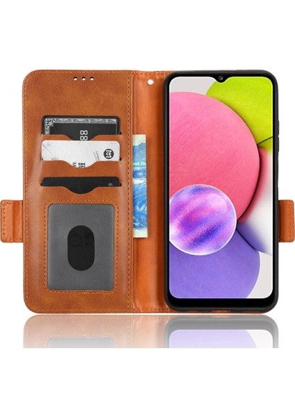 Samsung Galaxy A03S (166.5 x 75.98 x 9.14MM) Stand Cüzdan Pu Deri Kılıfı Baskılı Üçgen Desen Iç Tpu Telefon Kapak Kahverengi (Yurt Dışından)