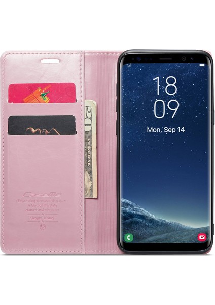 Samsung Galaxy S8+ Waxy Doku Stand Kılıfı Tam Koruma Pu Deri Telefon Cüzdan Kapak Pembe (Yurt Dışından)