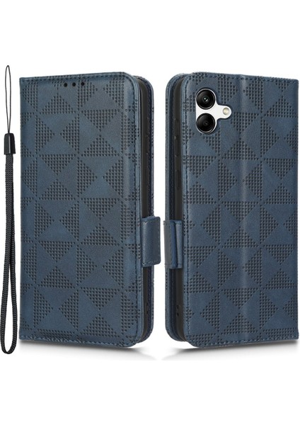 Samsung Galaxy A04 4g (164.4 x 76.3 x 9.1 Mm) Cüzdan Telefon Kılıfı Üçgen Desen Baskılı Şok Geçirmez Kılıf Anti-Güz Pu Deri Stand Kapağı Strap-Mavi (Yurt Dışından)