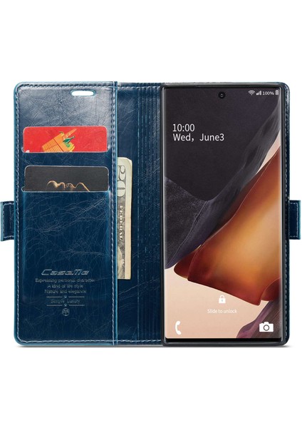 Samsung Galaxy NOTE20 Için ULTRA/NOTE20 Ultra 5g Mumsu Doku Pu Deri Stand Kılıfı Manyetik Toka Cüzdan Telefon Kapak-Blue (Yurt Dışından)