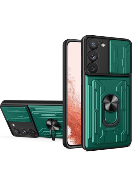 Samsung Galaxy S23 Için+ Kart Tutucu Tasarımı Manyetik Yüzük Kickstand Anti-Fall Telefon Kılıfı Pc+ Tpu Hibrid Telefon Koruyucu Slayt Kamera Kapağı B-Yeşil (Yurt Dışından)