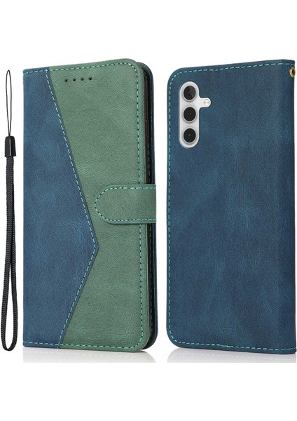 Samsung Galaxy A14 Için 5g Renk Ekleme Pu Deri Tam Koruma Iç Tpu Telefon Kılıfı Cüzdan Stand Kapağı Bilek Kayış Mavisi/yeşil (Yurt Dışından)