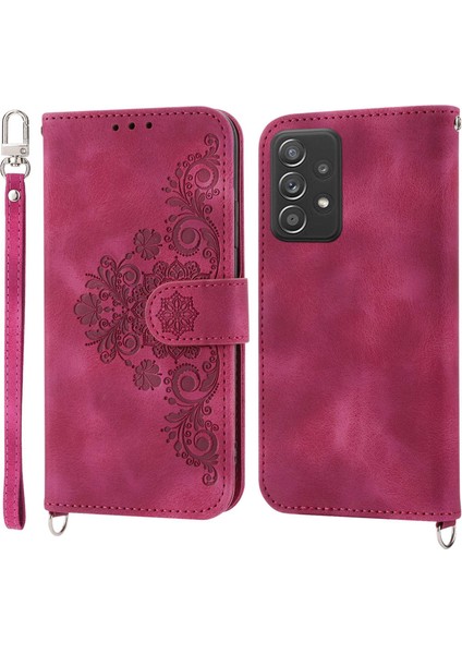 Samsung Galaxy A52 4G/A52 5G/A52S 5g Baskılı Çiçekler Pu Deri Flip Kılıf Stand Çoklu Kart Yuvası Stant Sipikli ve Orum Kuşu Trap-Wıne Kırmızı (Yurt Dışından)