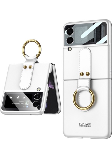 Samsung Galaxy Z Flip4 Için Gkk 5g Ultra Ince Parmak Yüzük Kickstand Tasarım Sabit Pc Telefon Kılıfı Küçük Ekranlı Temperli Cam Koruyucu-Beyaz (Yurt Dışından)