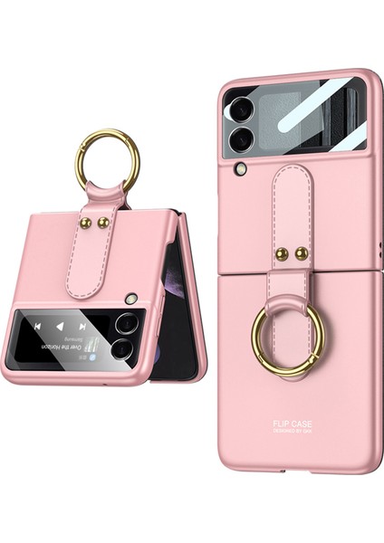 Samsung Galaxy Z Flip4 Için Gkk 5g Ultra Ince Parmak Yüzük Kickstand Tasarım Sabit Pc Telefon Kılıfı Küçük Ekranlı Temperli Cam Koruyucu Pembe (Yurt Dışından)