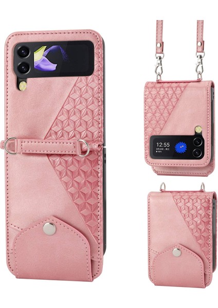 Samsung Galaxy Z Flip3 Için 5g Baskılı Rhombus Desen Pu Deri Kılıf Kart Tutucu Buzağı Dokusu Telefon Stand Kapağı Omuz Kayışı-Rose Altın (Yurt Dışından)