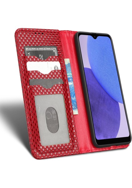 Samsung Galaxy A23E Grid Doku Pu Deri Deri Flip Telefon Kılıfı Manyetik Otomatik Absorbed Cüzdan Stand Önleme Anti-Drop Koruyucu Kapak Kırmızısı (Yurt Dışından)