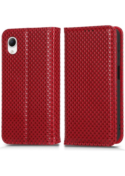 Samsung Galaxy A23E Grid Doku Pu Deri Deri Flip Telefon Kılıfı Manyetik Otomatik Absorbed Cüzdan Stand Önleme Anti-Drop Koruyucu Kapak Kırmızısı (Yurt Dışından) fiyatları