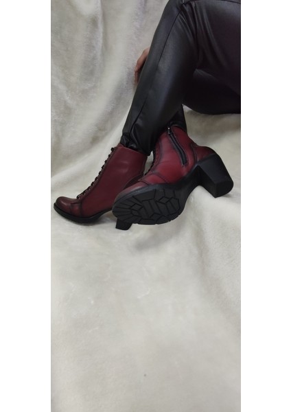 Çiğdem Grçke Deri Bordo Bağlı Topuklu Kadın Bot (Ldywst B5) - Bordo - 36 - ST01423-BORDO-36