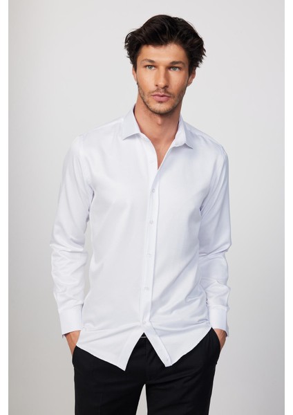 Modern Slim Fit Pamuklu Kolay Ütü Armürlü Beyaz Erkek Gömlek fiyatları