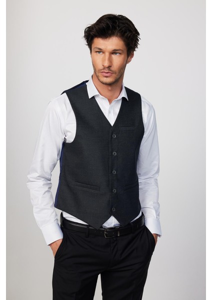 Slim Fit Dar Kesim 3 Cepli 4 Mevsim Düz Gri Erkek Yelek