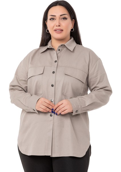 Büyük Beden Kapaklı Cepli Çıtçıtlı Gabardin Taş Rengi Ceket Gömlek