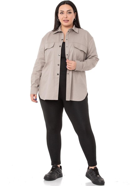 Büyük Beden Kapaklı Cepli Çıtçıtlı Gabardin Taş Rengi Ceket Gömlek fiyatları