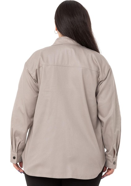 Büyük Beden Kapaklı Cepli Çıtçıtlı Gabardin Taş Rengi Ceket Gömlek modelleri