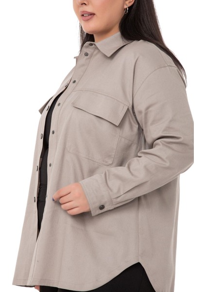 Büyük Beden Kapaklı Cepli Çıtçıtlı Gabardin Taş Rengi Ceket Gömlek fırsatları