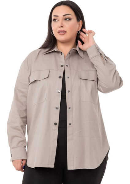 Büyük Beden Kapaklı Cepli Çıtçıtlı Gabardin Taş Rengi Ceket Gömlek indirimleri