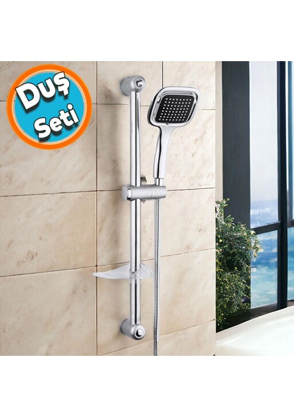 Duş Seti Sürgülü Banyo Duş Başlığı Seti Fiskiyesi Telefonu Kare Başlık Metal Hortum