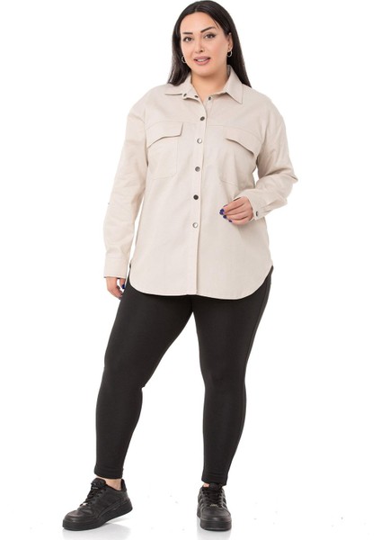Büyük Beden Kapaklı Cepli Çıtçıtlı Gabardin Bej Rengi Ceket Gömlek fiyatları